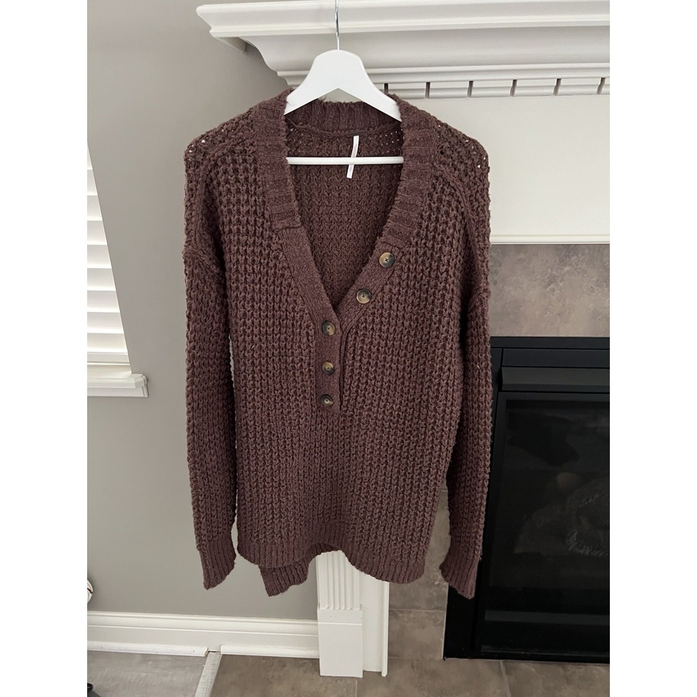 Free People Whistle Thermal Henley Sweater Brownstone Combo S Oversized Boho - Picture 2 of 8